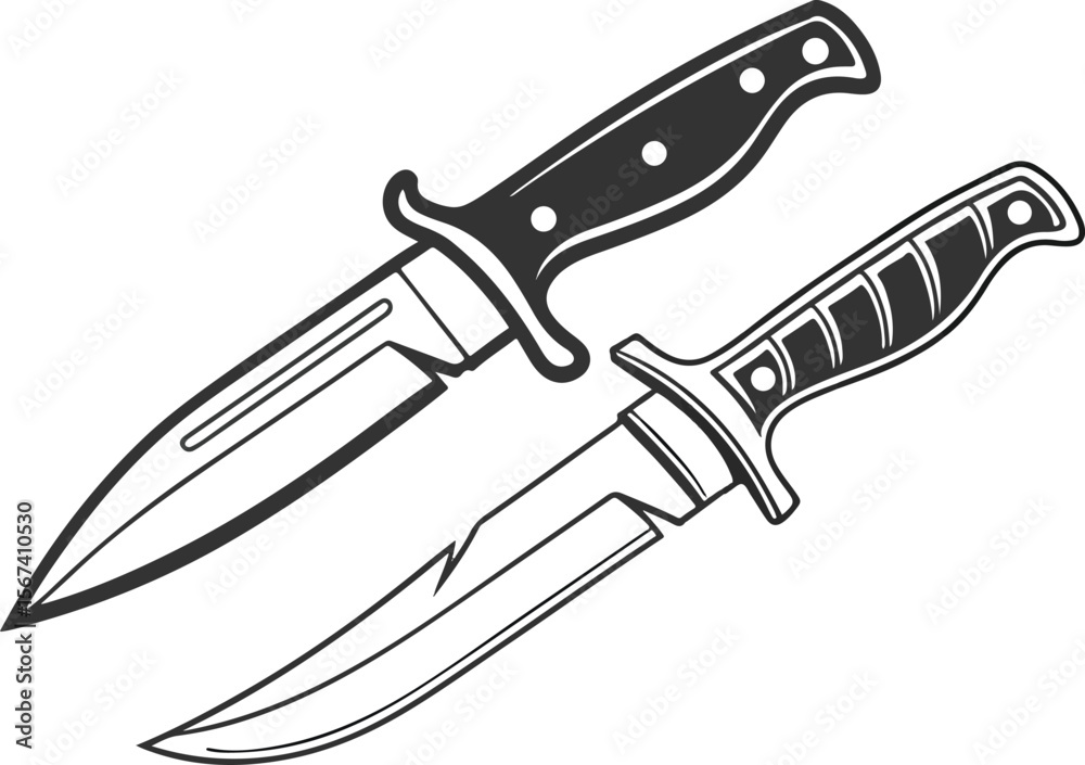 Obraz premium Two Hunting Knives Black and White Graphic Illustration