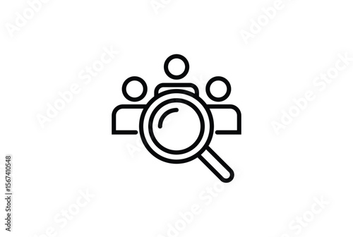 A simple, clean line art icon depicting a magnifying glass focused on a group of three stylized people, symbolizing search, analysis, or recruitment. Isolated on white background.