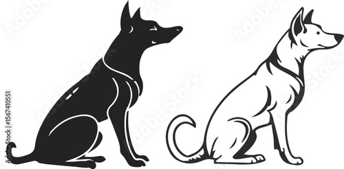 Two Dogs Sitting Side Profile Black and White Line Art