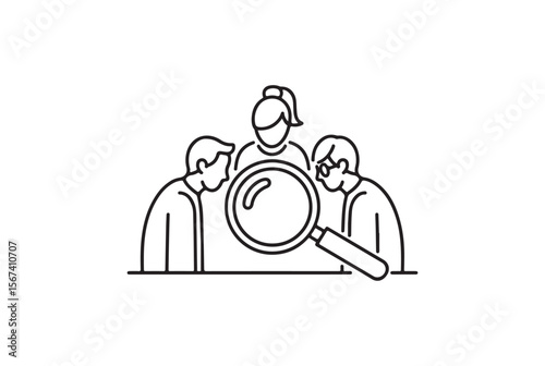 Three people looking closely at something through a magnifying glass isolated on white background