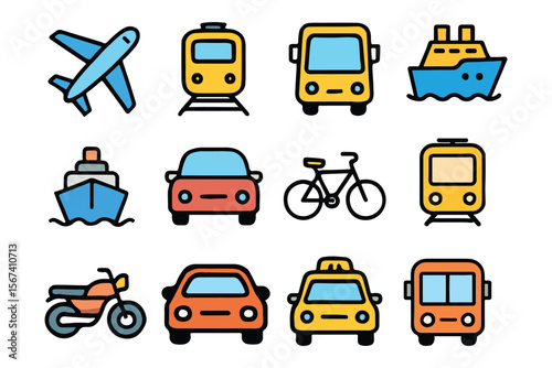Airplane train bus car motorcycle boat icons vector
