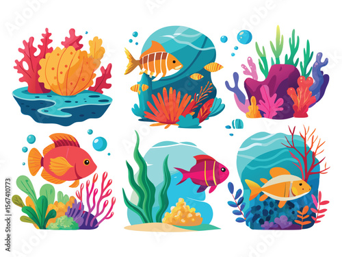Collection of six colorful underwater scenes featuring fish and coral reefs isolated on white background
