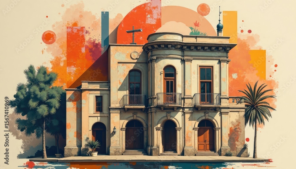 Naklejka premium A stylized illustration of a vintage building.