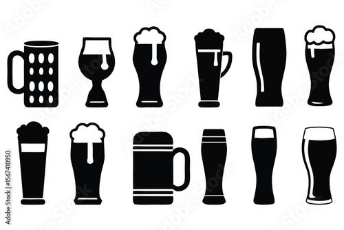 Assorted beer glasses with foam mugs drinks