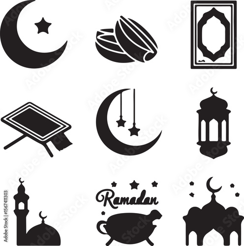 Ramadan Icons Crescent Moon, Star, Dates, Mosque, Lantern, Prayer Mat - Islamic Holiday Symbols