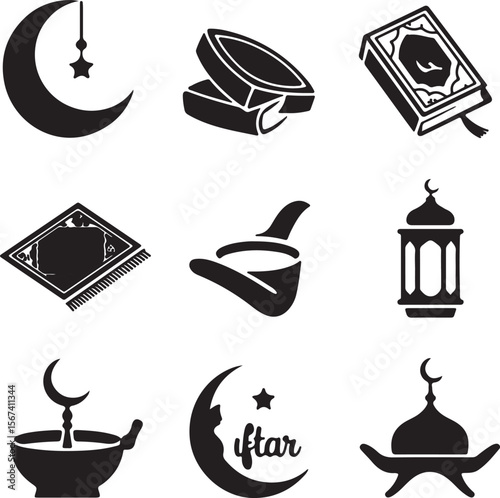 Islamic Icons Ramadan, Crescent Moon, Quran, Prayer Mat, Lantern