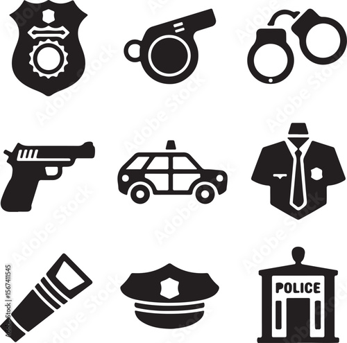 Law Enforcement Icons Police Badge, Whistle, Handcuffs, Gun, Car, Uniform, Flashlight, Hat, Station