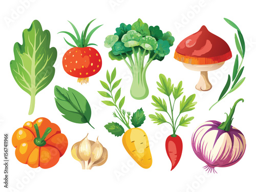 Collection of fresh vegetables and fruits including broccoli carrot onion garlic and pumpkin isolated on white background
