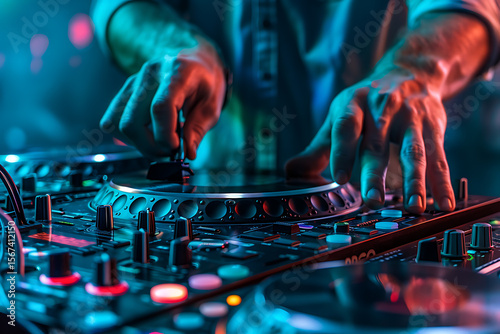 クラブでDJがターンテーブルを操作する手元の接写構図