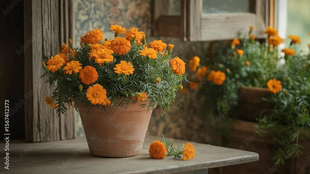 Vibrant orange marigolds in terracotta pot close up floral video
