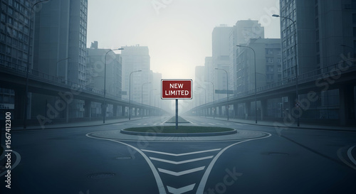 Foggy Cityscape With New Limited Sign Depicting Urban Challenges And Restrictions
