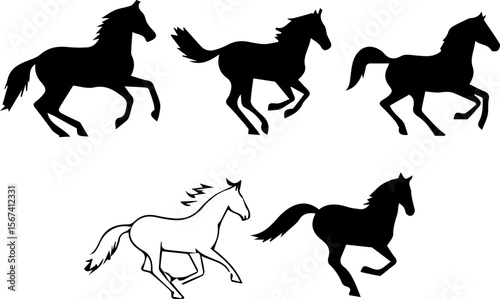Collection of Horse Silhouettes and Outline Illustration Featuring Running and Prancing Horses in Black and White on a Plain Background