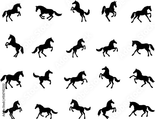 Collection of Black Horse Silhouettes in Various Poses on a White Background Ideal for Graphic Design and Artistic Compositions