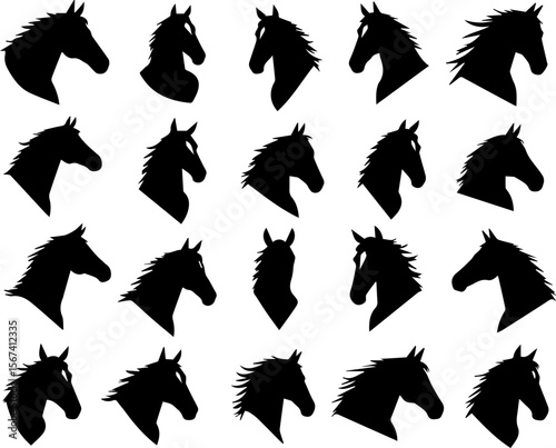 Collection of Horse Head Silhouettes in Various Poses a Graphic Resource for Equine Themed Designs and Illustrations