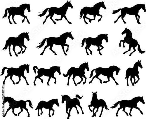 Collection of Black Horse Silhouettes in Various Poses on White Background Displaying Graceful Movement and Elegant Forms in a Patterned Arrangement