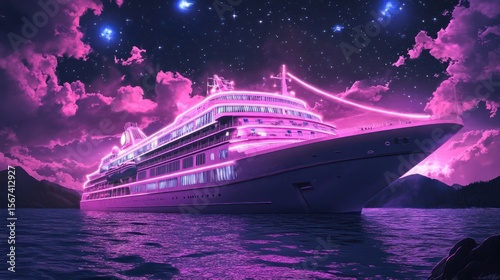 Pink cruise ship at night, illuminated by neon lights, with a starry sky and clouds