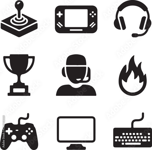 Retro Gaming Icons Joystick, Handheld Console, Headset, Trophy, Gamer, Fire, Controller, PC, Keyboard