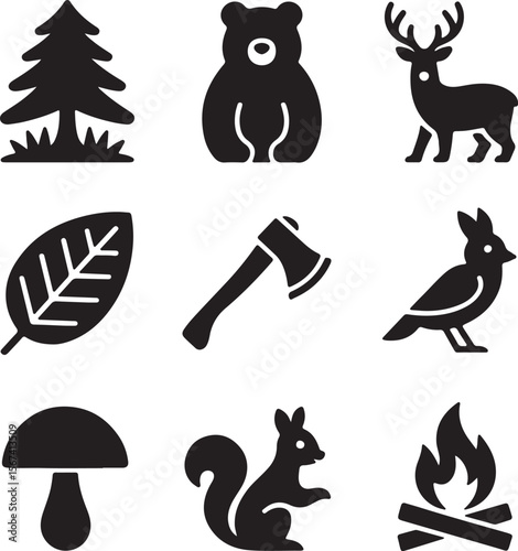 Forest Animals and Nature Icons Black Silhouette Clipart