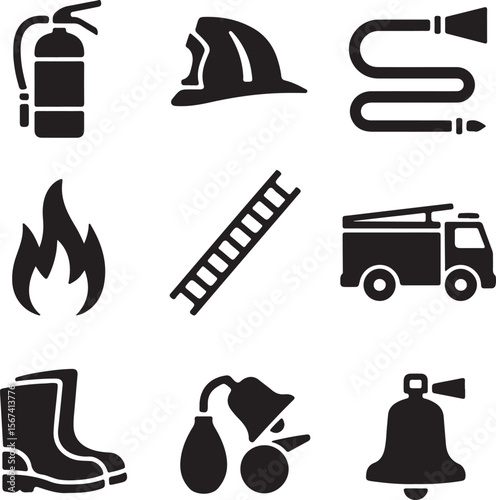 Firefighting Equipment Icons Safety, Rescue, and Emergency Response Symbols