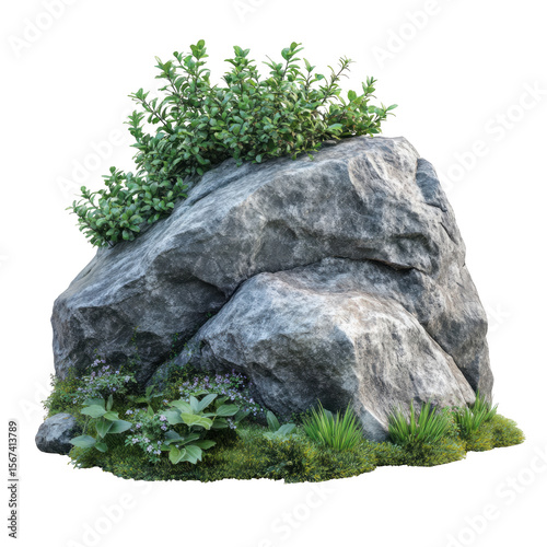 Gray boulder lush greenery isolated on a transparent background