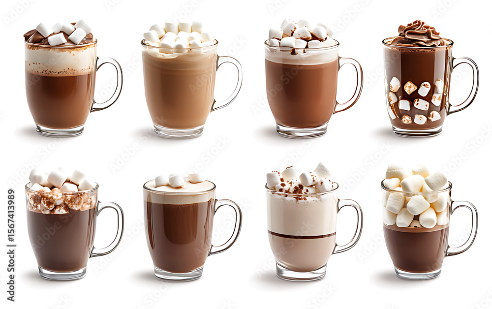 Obraz premium A set of hot chocolate with marshmallows in glass mugs isolated