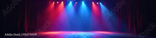 Bright Stage Lighting Setup Ready for a Performance Spotlights and Followspots Illuminate an Empty Stage  Perfect for Theatrical Productions  Concerts  and Events.