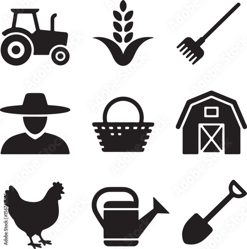 Farm Icons Tractor, Wheat, Barn, Chicken, and More