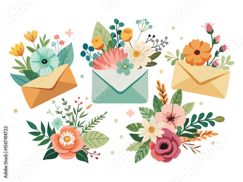 Collection of envelopes with floral arrangements and leaves isolated on white background
