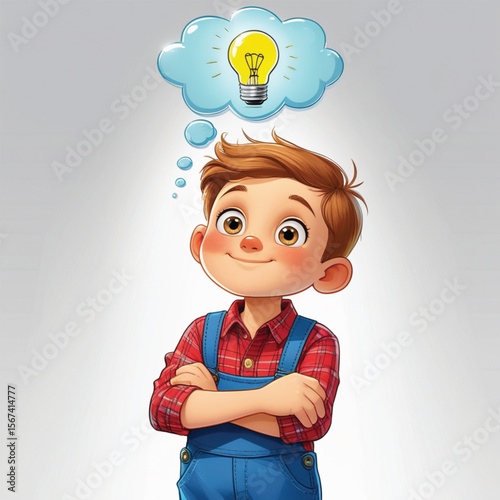 A boy with a light bulb above his head signifies he is thinking of an idea.