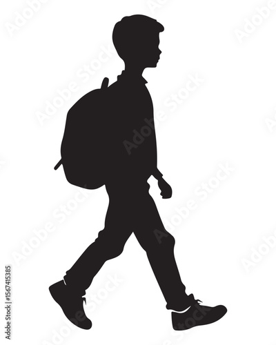 Isolated silhouette of a boy walking with a school bag, Anime schoolboy silhouette with backpack, Silhouette of a Boy with Backpack Vector for Educational Designs