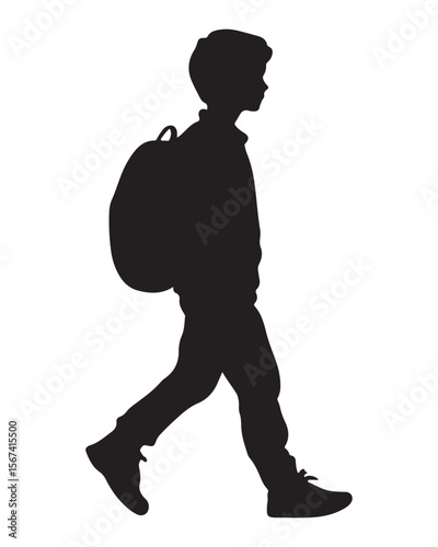 Isolated silhouette of a boy walking with a school bag, Anime schoolboy silhouette with backpack, Silhouette of a Boy with Backpack Vector for Educational Designs
