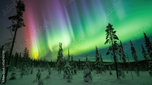 Wallpaper Mural Vibrant aurora borealis with green and purple lights dancing in the starry night sky over a snow-covered mountain forest landscape. Torontodigital.ca