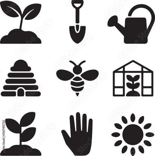 Gardening Icons Plants, Bees, Tools, and Greenhouse Illustrations