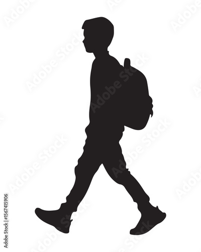 Isolated silhouette of a boy walking with a school bag, Anime schoolboy silhouette with backpack, Silhouette of a Boy with Backpack Vector for Educational Designs