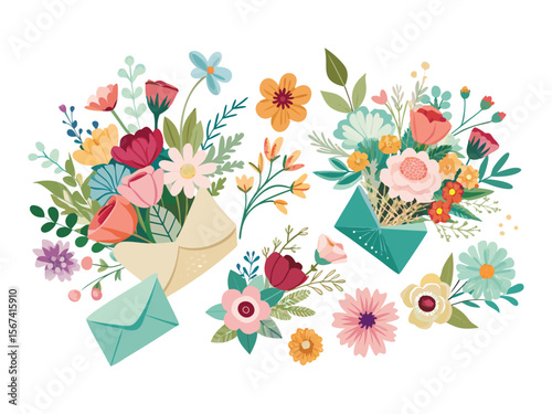 Charming floral arrangements spilling out of envelopes isolated on white background
