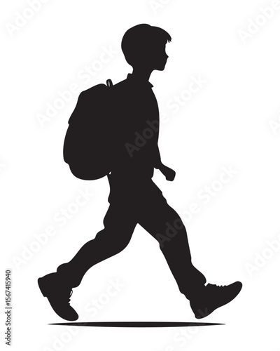 Isolated silhouette of a boy walking with a school bag, Anime schoolboy silhouette with backpack, Silhouette of a Boy with Backpack Vector for Educational Designs