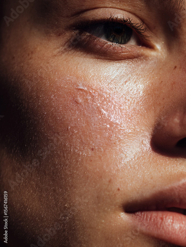 Close up shot of a woman's cheek with a soft smear of skincare cream. Portrait for Skincare product