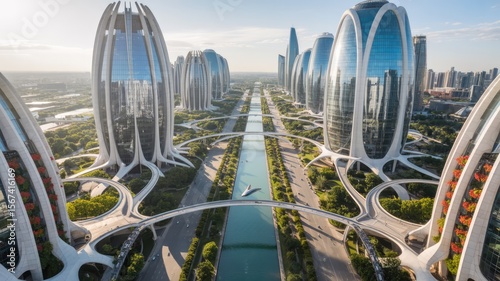 Breathtaking panoramic view of a futuristic utopian city with sustainable green architecture, flying vehicles, and lush parks.