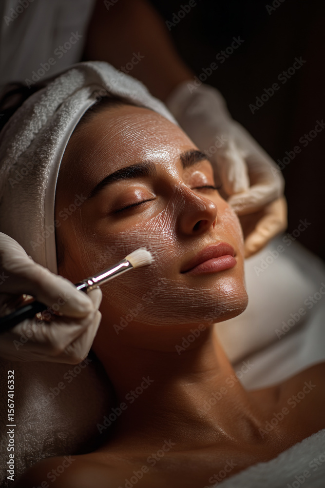 Obraz premium Aesthetic Facial Treatment in A Luxury Spa. Young Woman Lying with a White Headband, Facial Mask Being Gently Applied with A Brush by A Cosmetologist