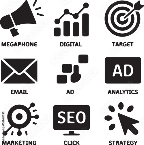 Digital Marketing Icons SEO, Analytics, Advertising Strategy