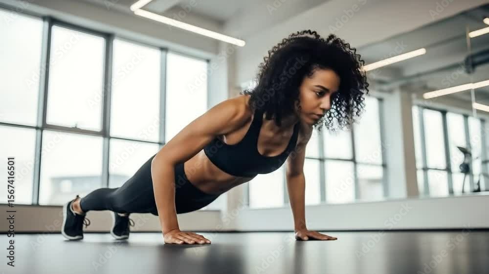 Woman doing slow push-ups with form focus in modern gym, low-angle