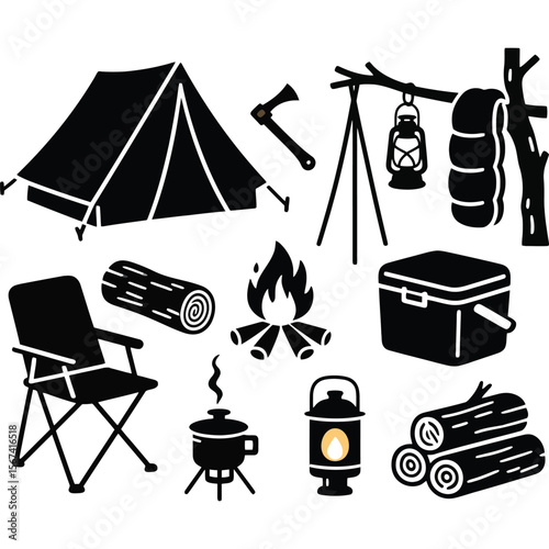 Camping Essentials Icons of Tent, Fire, Axe, Lantern, and More