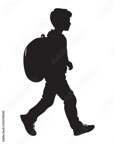 Isolated silhouette of a boy walking with a school bag, Anime schoolboy silhouette with backpack, Silhouette of a Boy with Backpack Vector for Educational Designs