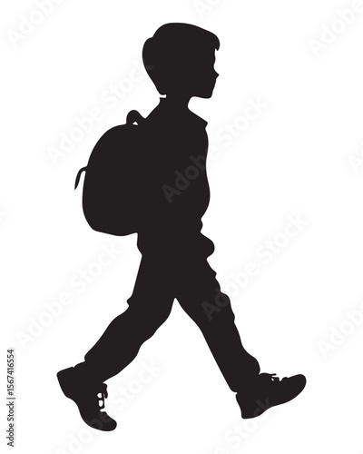 Isolated silhouette of a boy walking with a school bag, Anime schoolboy silhouette with backpack, Silhouette of a Boy with Backpack Vector for Educational Designs