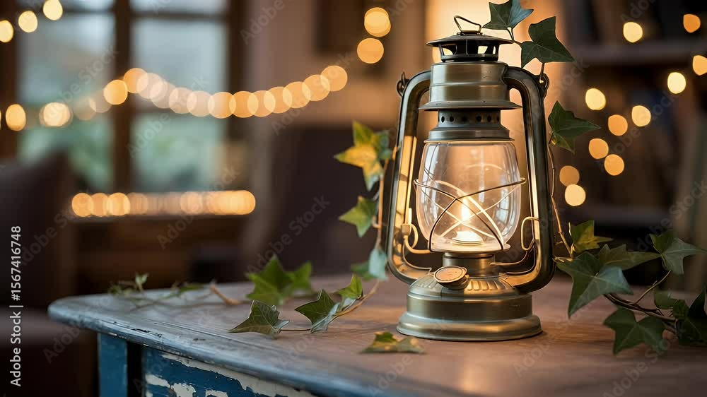 Vintage oil lantern glowing softly on wooden table rustic home decor