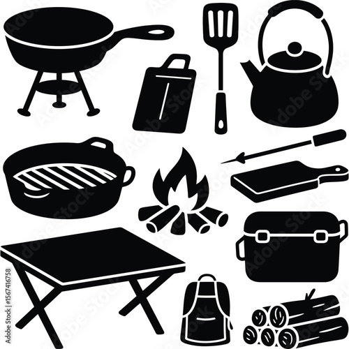 Camping Cooking Essentials  A Collection of  Black and White Icons for Outdoor Adventures