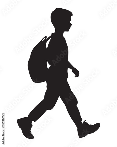 Isolated silhouette of a boy walking with a school bag, Anime schoolboy silhouette with backpack, Silhouette of a Boy with Backpack Vector for Educational Designs
