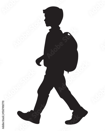 Isolated silhouette of a boy walking with a school bag, Anime schoolboy silhouette with backpack, Silhouette of a Boy with Backpack Vector for Educational Designs