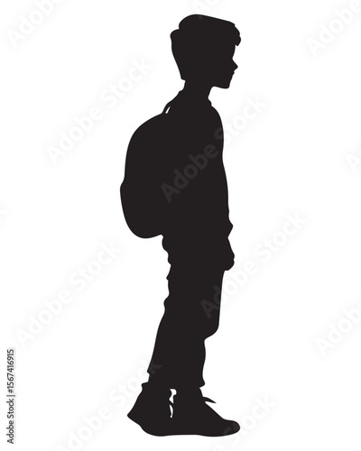 Isolated silhouette of a boy walking with a school bag, Anime schoolboy silhouette with backpack, Silhouette of a Boy with Backpack Vector for Educational Designs