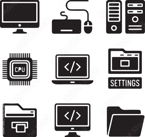 Computer Hardware and Software Icons Desktop, Laptop, CPU, Coding, Settings